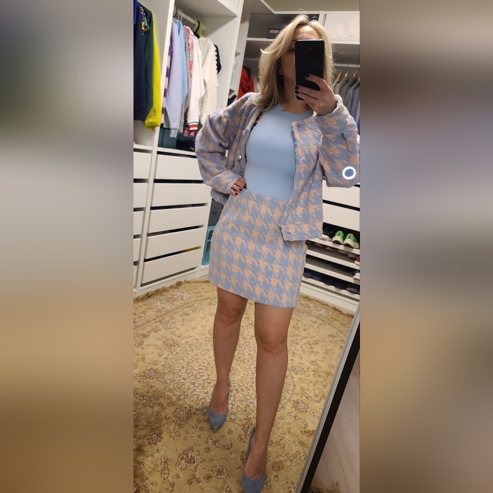 Pink / blue Houndstooth Tweed Top & Skirt Coord Set, M